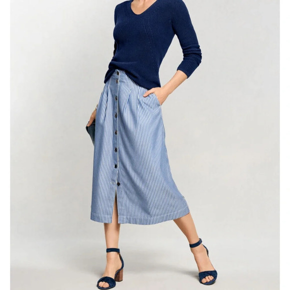 Talbots Stripe Button Front Pleated Skirt Blue White Size 14 NWT New! - Picture 3 of 11